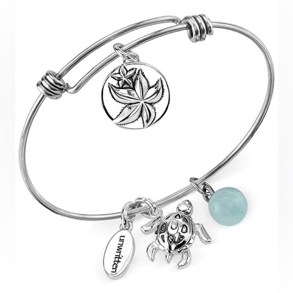 Unwritten Wish Upon a Starfish Charm Bangle Bracelet Silver Amazonite - Picture 8 of 9